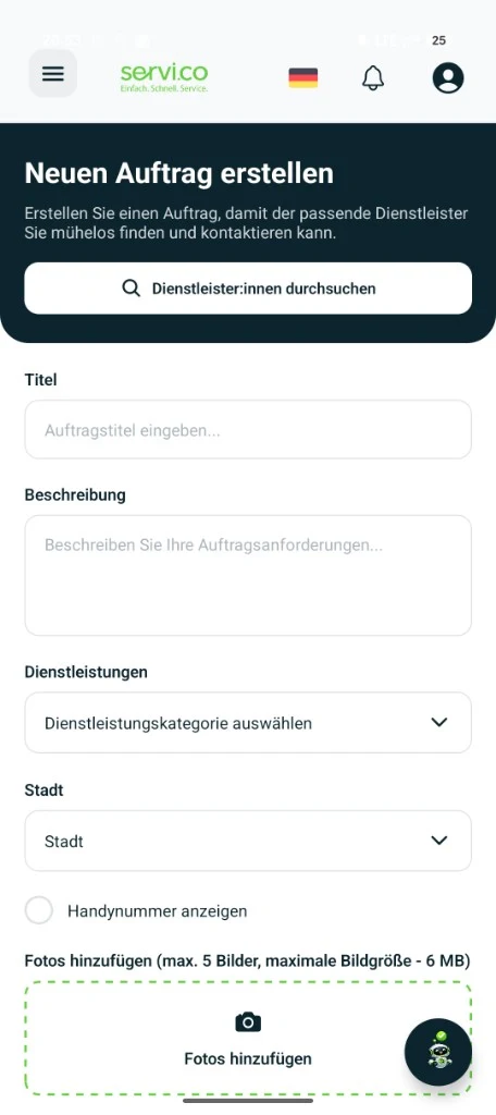 servi.co Android app: Create New Job flow with title, description, service category, city, optional phone visibility, and photo upload. User interface shown in German.