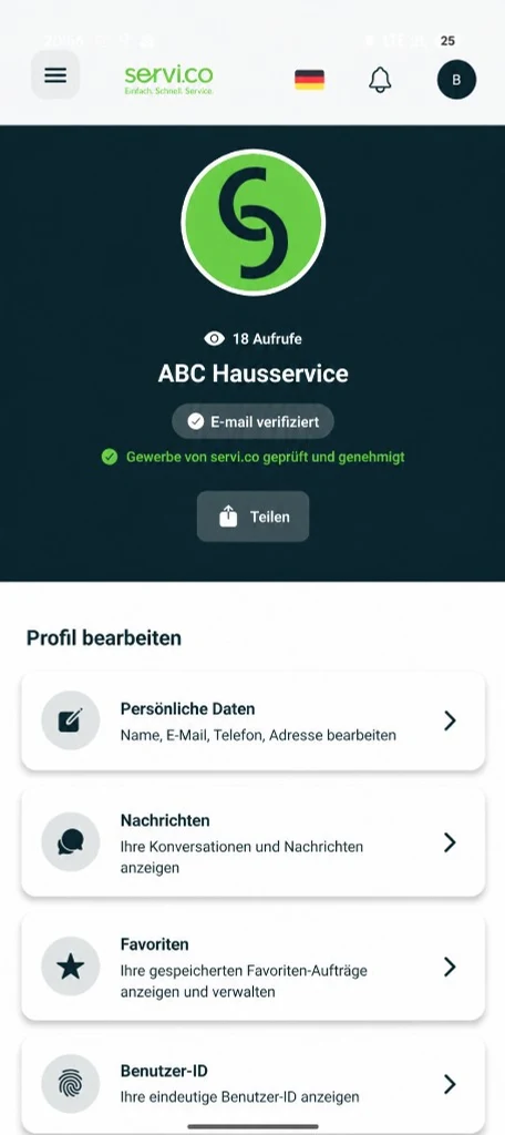 servi.co Android app: provider profile for ABC Hausservice with email verification and business-reviewed badge. User interface shown in German.