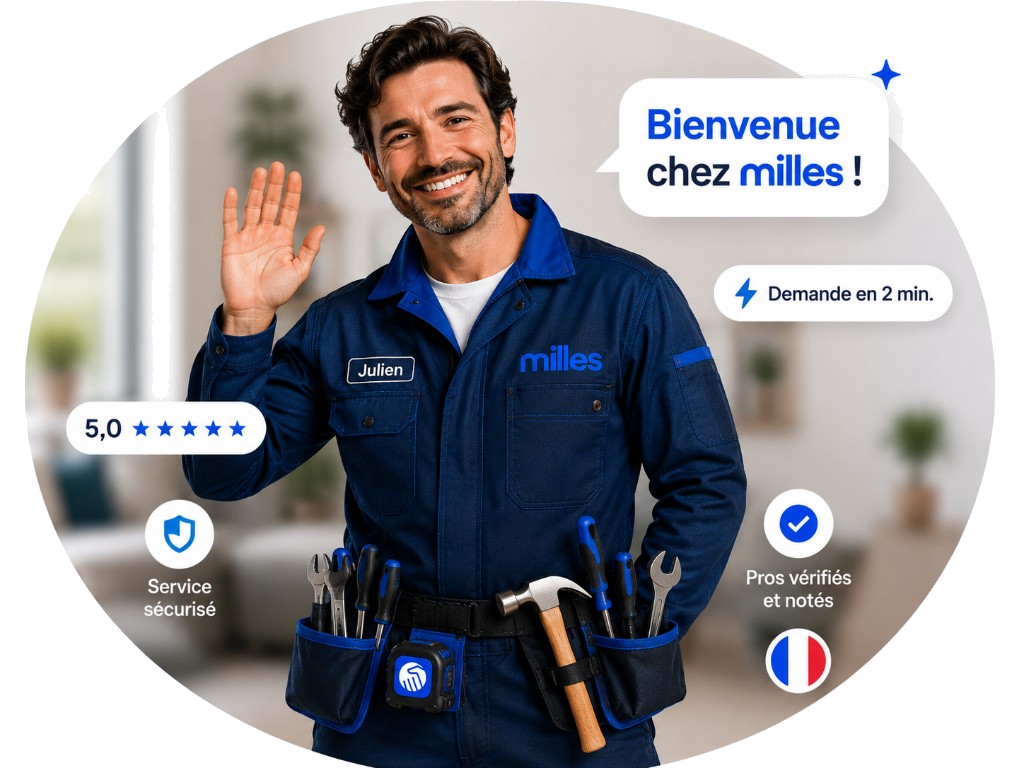 Julien, a milles service professional with his tool belt, waving and saying Bienvenue chez milles
