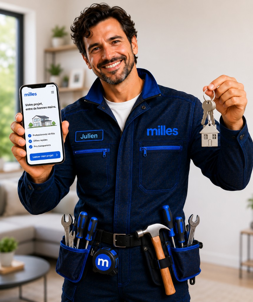 Julien, the milles service assistant, holding a phone with the milles app and a set of house keys