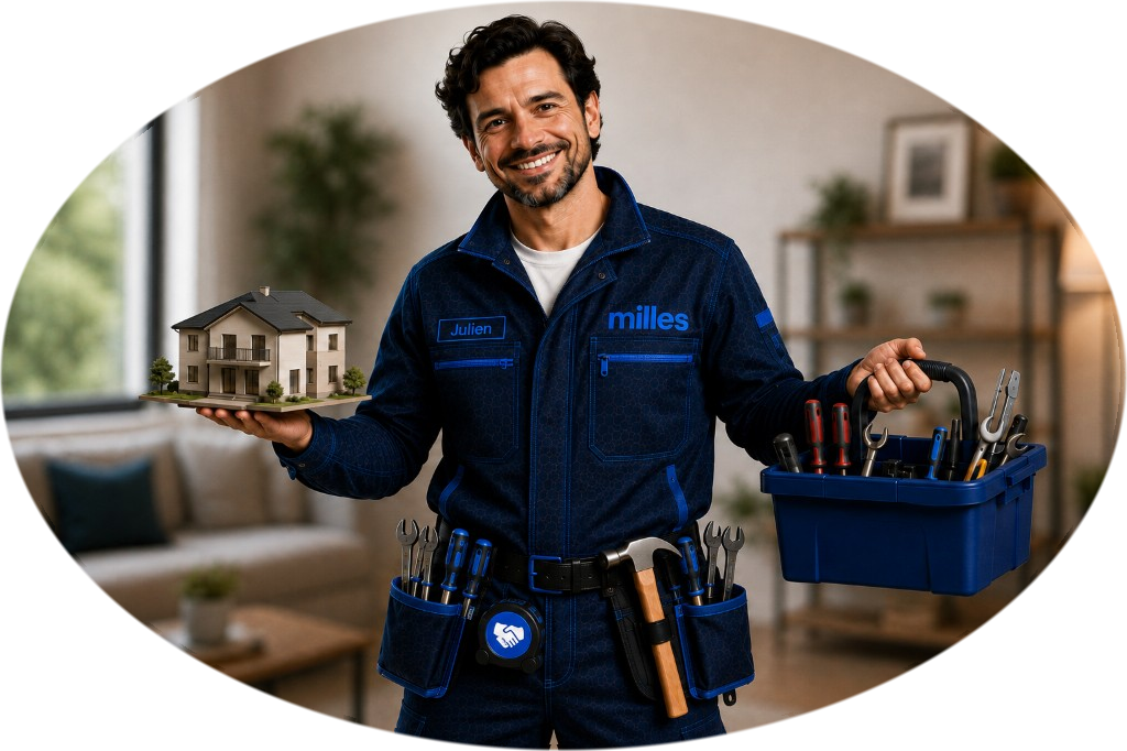 Julien, the milles service assistant, holding a model house and toolbox