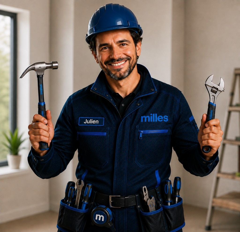 Julien, the milles service assistant in a hard hat, holding a hammer and wrench at a job site