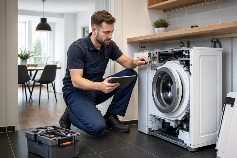 Technician repairing an open washing machine in a modern apartment