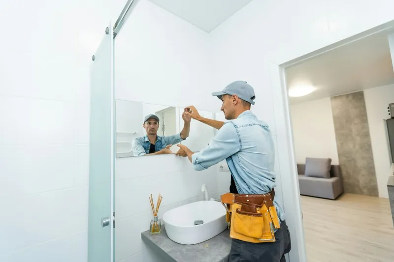 Handyman installing a wall mirror in a bright modern bathroom in Austria