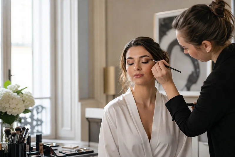 Makeup artist applying eye makeup to a client in a bright elegant studio in Austria