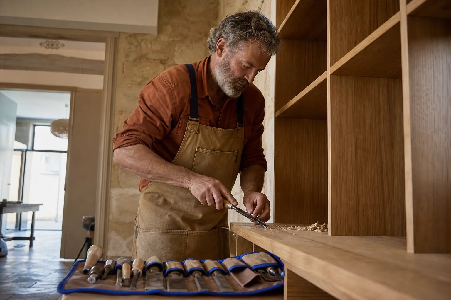 Carpenter installing custom wood shelving in a French home