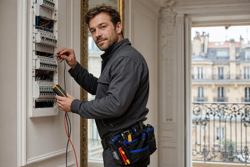 Electrician adjusting a fuse box in a French apartment
