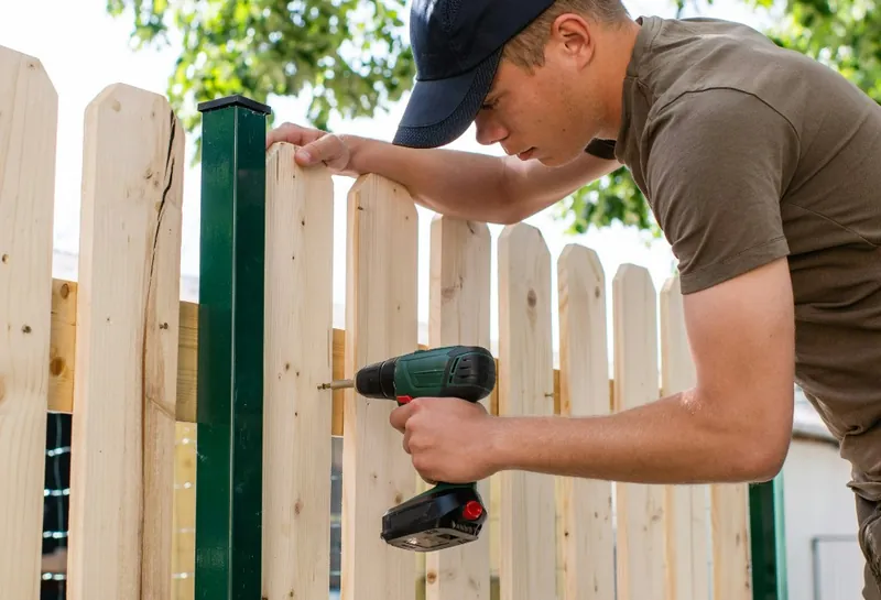 Handyman fastening boards on a wooden garden fence with a cordless drill