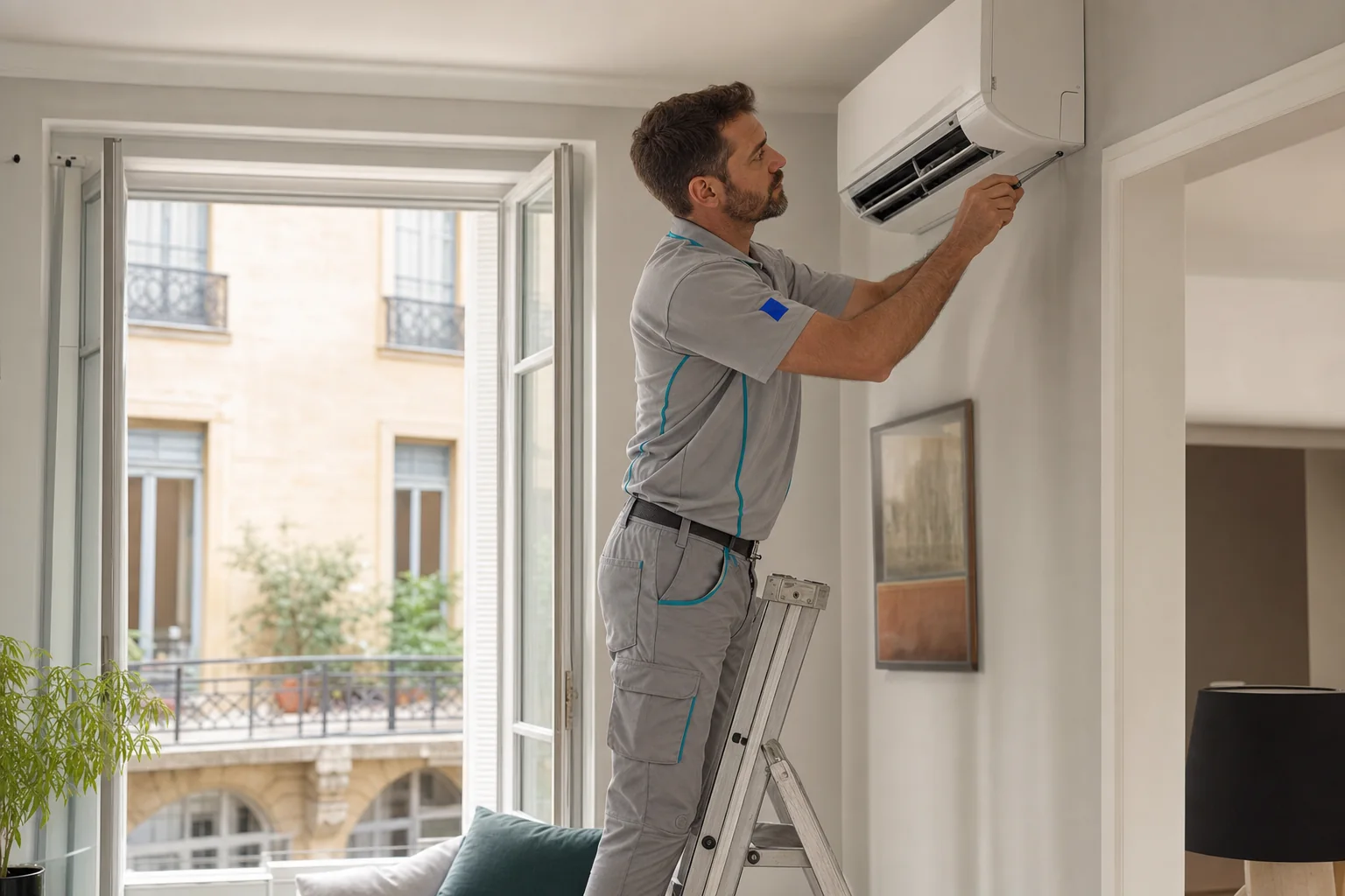 HVAC technician installing a split air-conditioning unit in France