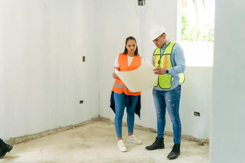 Renovation professionals reviewing apartment plans for a home upgrade
