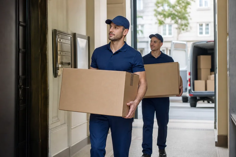 Professional movers carrying cardboard boxes from an apartment building to a van
