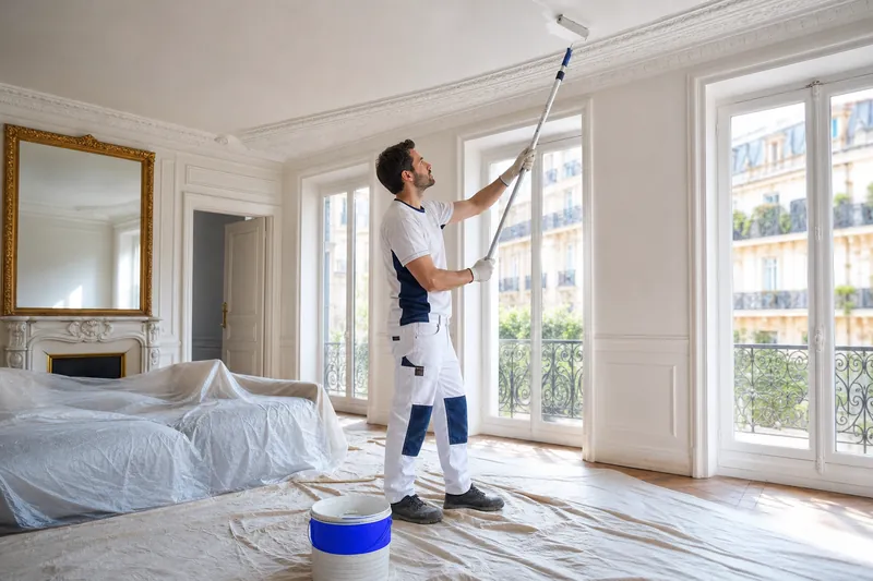 Painter finishing a ceiling in a bright French apartment