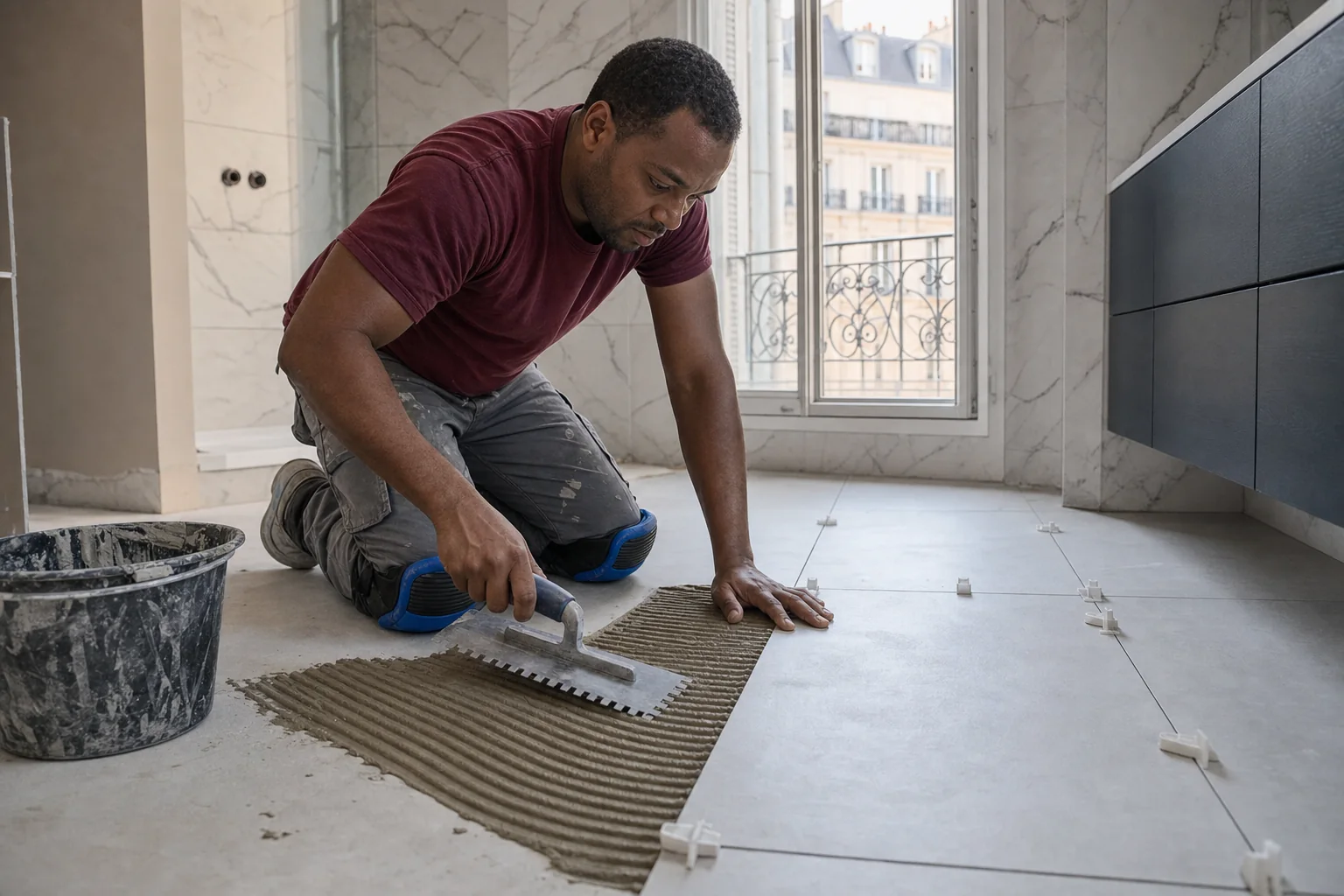 Tiler installing bathroom tiles in a French apartment