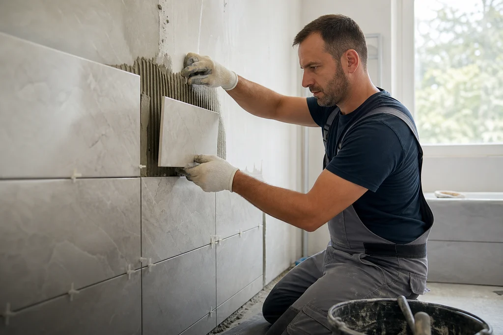 Professional tiler installing large ceramic wall tiles in a bright bathroom renovation in Austria