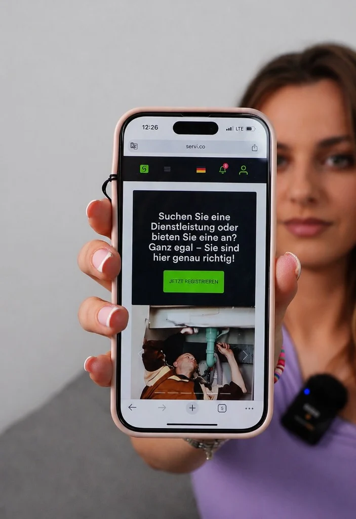 Smiling woman holding a smartphone toward the camera showing the servi.co registration screen in a mobile browser.